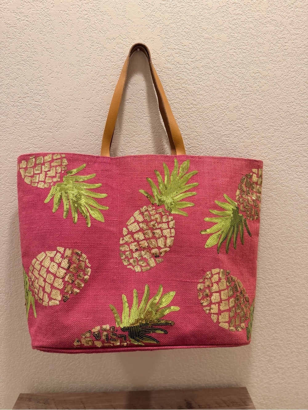 Mud Pie Pink Jute Tote with Gold and Green Sequin Pineapple Accents -storage bag